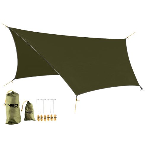 TÚLÉLŐ KEMPING PONYVA, VíZÁLLÓ, 360X290CM, 210T/2000PU ANYAG, HORGOK, KÖTELEK, 2 SZÁLLíTÓZSÁK